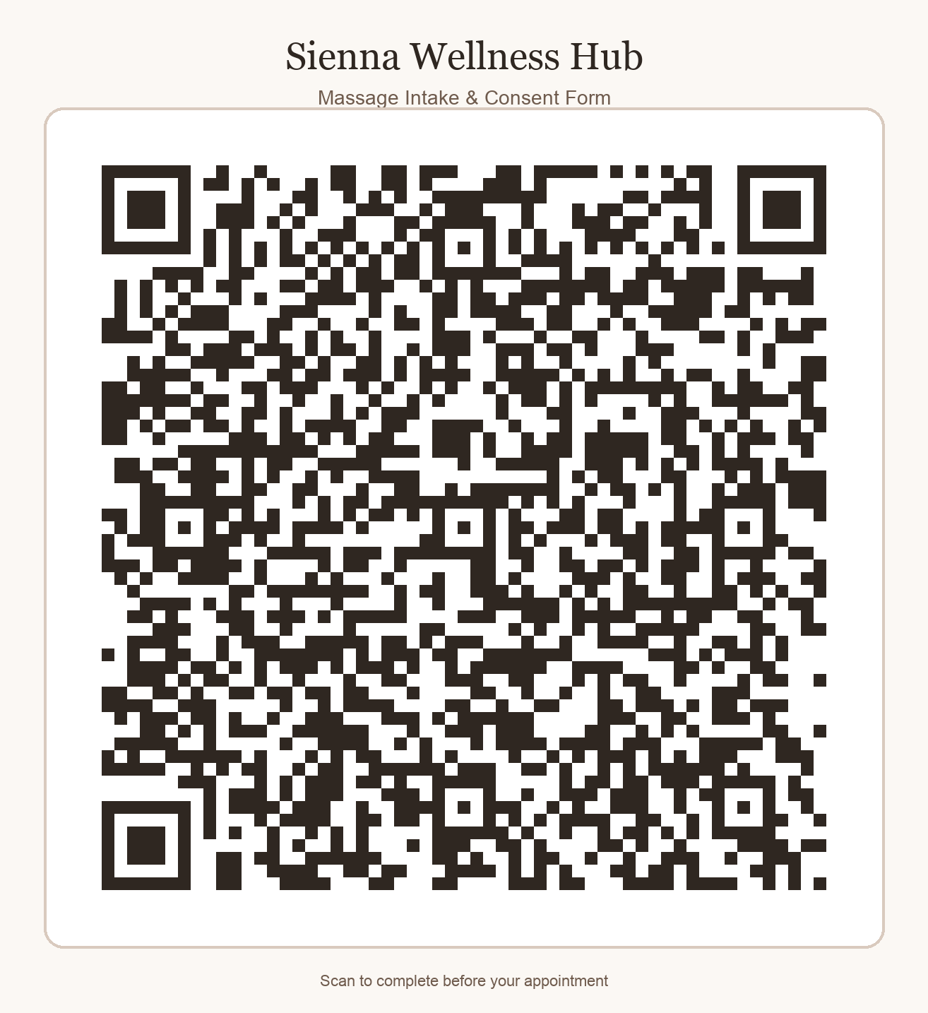 QR code for Sienna Wellness Hub massage intake and consent form
