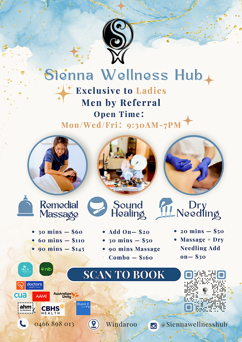 Sienna Wellness Hub fee flyer with massage and sound healing services
